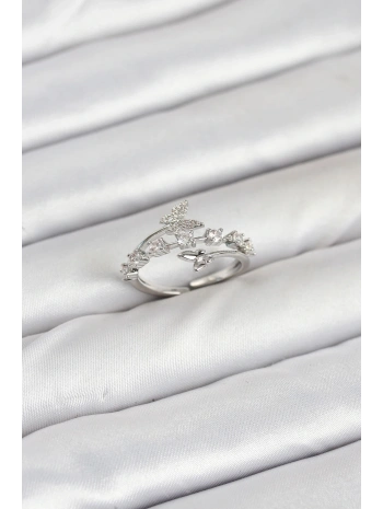 Pirinç Gümüş Renk Zirkon Taşlı Kelebek Model Kadın Yüzük