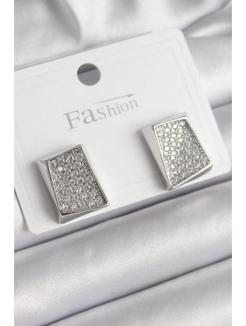 Pirinç Gümüş Renk Zirkon Taşlı Plaka Model Kadın Küpe