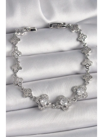 Pirinç Gümüş Renk Zirkon Taşlı Yonca Model Kadın Bileklik