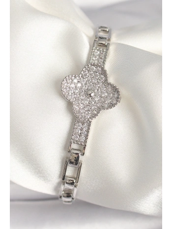 Pirinç Gümüş Renk Zirkon Taşlı Yonca Model Kadın Bileklik