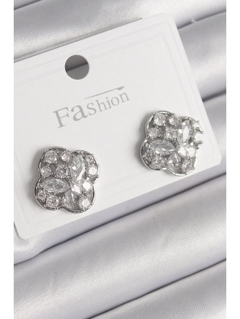 Pirinç Gümüş Renk Zirkon Taşlı Yonca Model Kadın Küpe