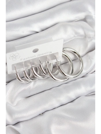 Pirinç Halka Model Gümüş Renk Kadın Set Küpe