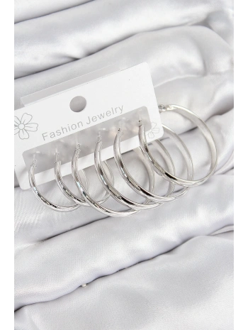 Pirinç Halka Model Gümüş Renk Kadın Set Küpe