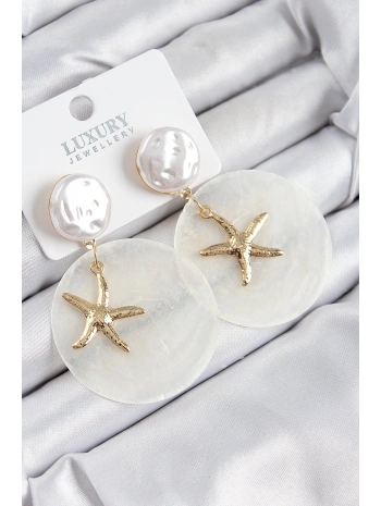 Pirinç İncili Deniz Kabuğu Figürlü Sedef Model Gold Renk Kadın Küpe