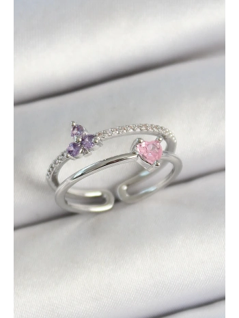 Pirinç Kalp Ve Çiçek Figürlü Zirkon Taşlı Gümüş Renk Ayarlanabilir Kadın Yüzük