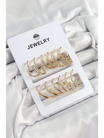 Pirinç Karışık Halka Model Gold Renk 6 Çift Kadın Küpe Set