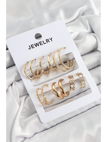 Pirinç Karışık Halka Model Gold Renk 6 Çift Kadın Küpe Set