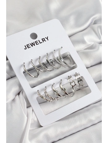 Pirinç Karışık Halka Model Gümüş Renk 6 Çift Kadın Küpe Set