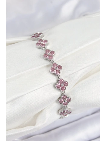 Pirinç Pembe Zirkon Taşlı Yonca Model Gümüş Renk VIP Seri Kadın Bileklik