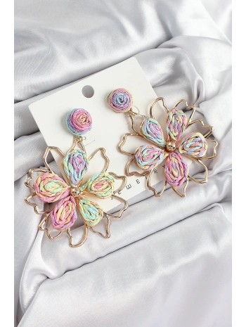 Pirinç Rainbow Çiçek Model Gold Renk Kadın Hasır Küpe