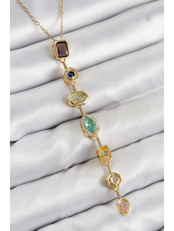 Pirinç Renkli Zirkon Taşlı Model Gold Renk 7 Element Kadın Y Kolye