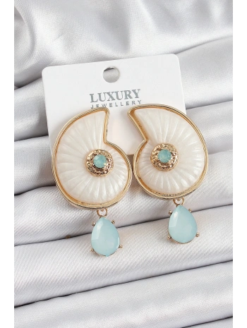 Pirinç Sedef Deniz Kabuğu Figürlü Zirkon Taşlı Gold Renk Kadın Küpe