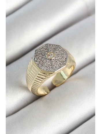 Pirinç Sekizgen Figür Zirkon Taşlı Gold Renk Ayarlanabilir Kadın Yüzük
