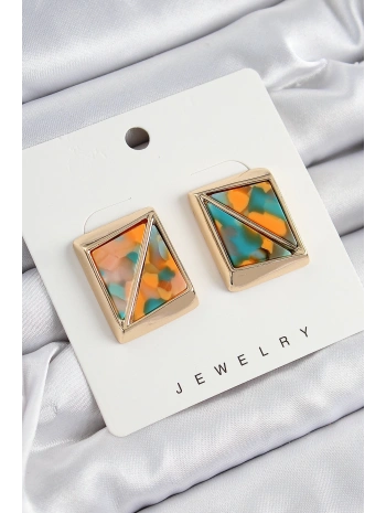 Pirinç  Turuncu Yeşil Üçgen Kesim Detaylı Kare Model Vintage Gold Renk Kadın Küpe