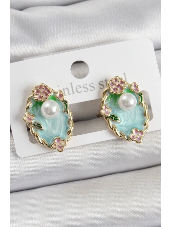 Pirinç Yeşil Mineli İnci Detaylı Sanatsal Portre Model Gold Renk Kadın Küpe