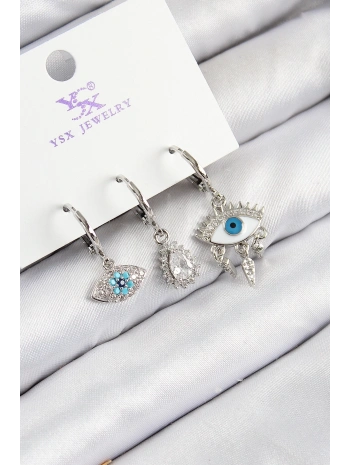 Pirinç Zirkon Taşlı 3lü Fatmanın Gözü Model Gümüş Renk Kadın Küpe