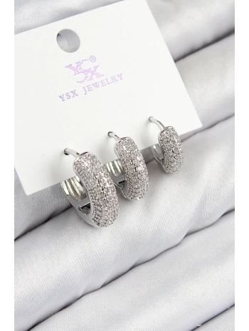 Pirinç Zirkon Taşlı 3lü Halka Model Gümüş Renk Kadın Küpe