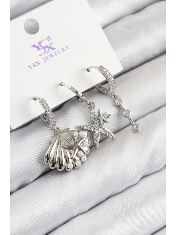 Pirinç Zirkon Taşlı 3lü Yıldız Ve İstiridye Model Gümüş Renk Kadın Küpe