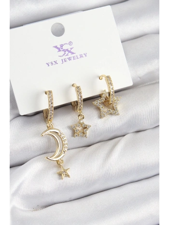 Pirinç Zİrkon Taşlı Ay Ve Hilal Model Gold Renk 3lü Kadın Küpe