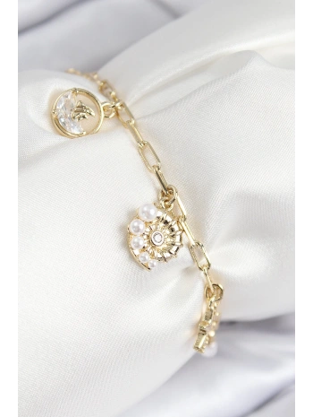 Pirinç Zirkon Taşlı Deniz Kabuğu Model Gold Renk Kadın Bileklik