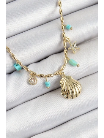 Pirinç Zirkon Taşlı Deniz Kabuğu Model Gold Renk Kadın Kolye