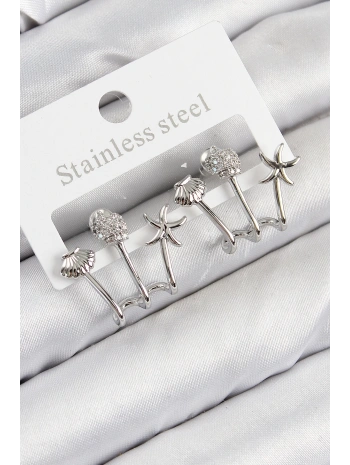 Pirinç Zirkon Taşlı Deniz Yıldızı ve İstiridye Model Gümüş Renk Kadın Küpe