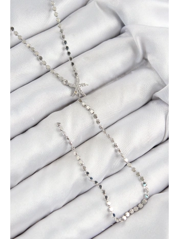 Pirinç Zirkon Taşlı Ezme Zincirli Deniz Yıldızı Model Gümüş Renk Y Kolye