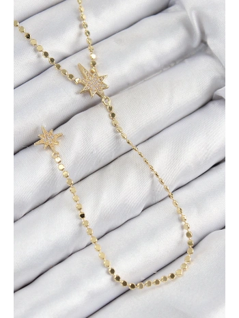 Pirinç Zirkon Taşlı Ezme Zincirli Kutup Yıldızı Model Gold Renk Y Kolye