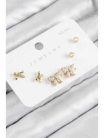 Pirinç Zirkon Taşlı Fiyonk Model Gold Renk 925 Ayar Gümüş Çivi Kadın Küpe Set