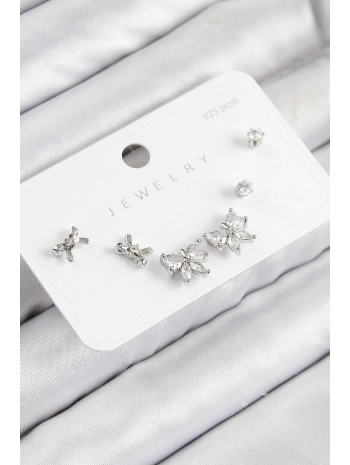 Pirinç Zirkon Taşlı Fiyonk Model Gümüş Renk 925 Ayar Gümüş Çivi Kadın Küpe Set