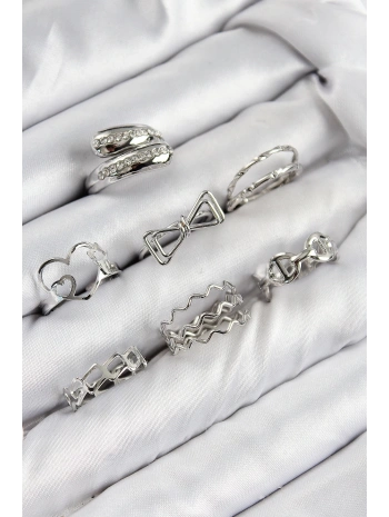 Pirinç Zirkon Taşlı Fiyonk Ve Kalp Model Gümüş Renk Kadın Yüzük Kombin Set