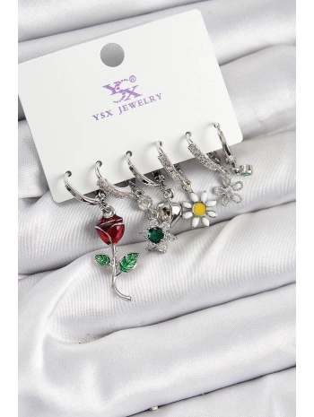 Pirinç Zİrkon Taşlı Gül Ve Papatya Model Gümüş Renk 3lü Çift Kadın Küpe