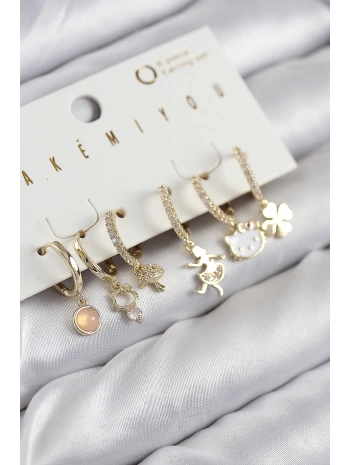 Pirinç Zirkon Taşlı Hello Kity Ve Yonca Model Gold Renk 6lı Küpe Set