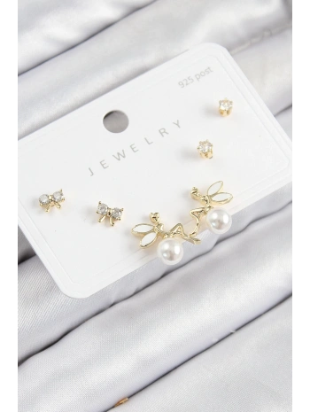 Pirinç Zirkon Taşlı İnci Melek Model Gold Renk 925 Ayar Gümüş Çivi Kadın Küpe Set