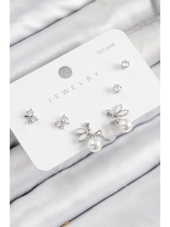 Pirinç Zirkon Taşlı İnci Melek Model Gümüş Renk 925 Ayar Gümüş Çivi Kadın Küpe Set