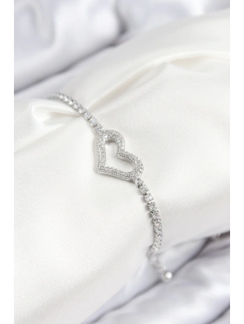 Pirinç Zirkon Taşlı Kalp Model Gümüş Renk Asansörlü Kadın Bileklik