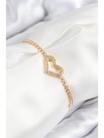 Pirinç Zirkon Taşlı Kalp Model Gold Renk Asansörlü Kadın Bileklik