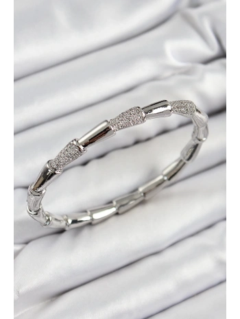 Pirinç Zirkon Taşlı Kemik Model Gümüş Renk Vip Kadın Bileklik
