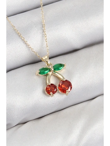 Pirinç Zirkon Taşlı Kiraz Model Gold Renk Kadın Kolye
