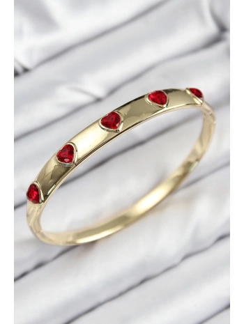 Pirinç Zirkon Taşlı Kırmızı Kalp Model Gold Renk Kadın Kelepçe