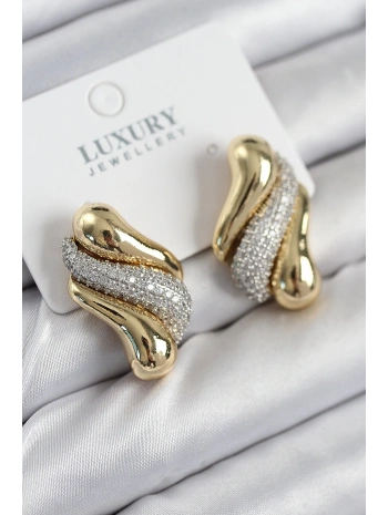 Pirinç Zirkon Taşlı Kıvrım Model Gold Renk Kadın Küpe