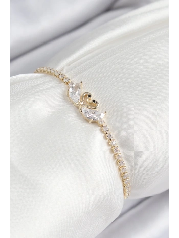 Pirinç Zirkon Taşlı Kuğu Model Gold Renk Asansörlü Kadın Bileklik