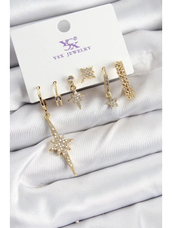 Pirinç Zİrkon Taşlı Kutup Yıldızı Model Gold Renk 3lü Çift Kadın Küpe