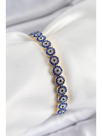 Pirinç Zirkon Taşlı Lacivert Nazar Model Gold Renk Lastikli Kadın Bileklik