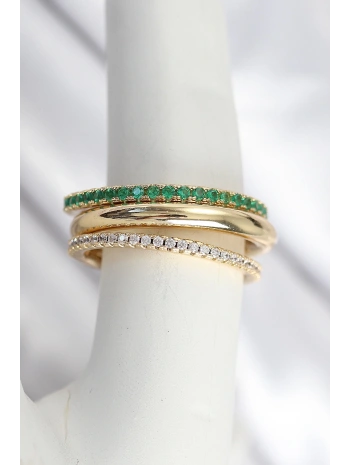 Pirinç Zirkon Taşlı Mix Renk 3Lü Kadın Yüzük