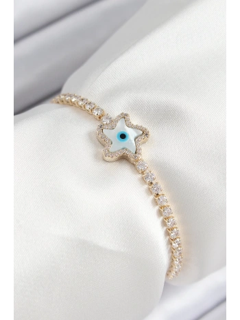 Pirinç Zirkon Taşlı Nazar Yıldız Model Gold Renk Asansörlü Kadın Bileklik