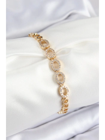 Pirinç Zirkon Taşlı Oval Model Gold Renk Kadın Bileklik