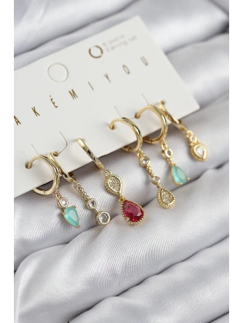 Pirinç Zirkon Taşlı Sallantılı Model Gold Renk 6lı Küpe Set