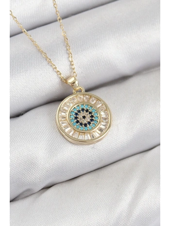 Pirinç Zirkon Taşlı Su Yolu Nazar Model Gold Renk Kadın Kolye