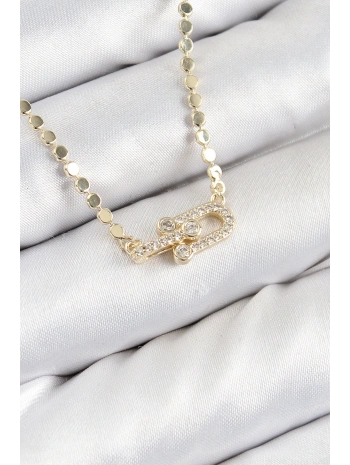 Pirinç Zirkon Taşlı Tifany Model Ezme Zincir Gold Renk Kadın Kolye